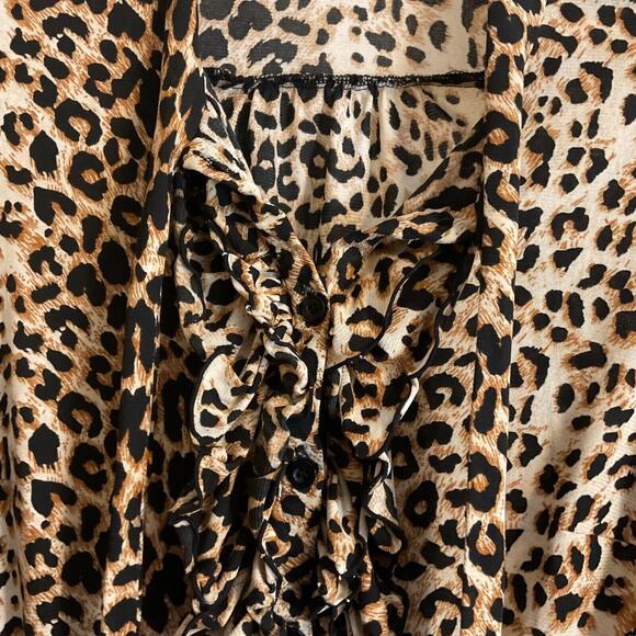 Twenty One Leopard Print Top Ruffle Size S Accent Tie Neck Elastic Waist Spring - Picture 12 of 15